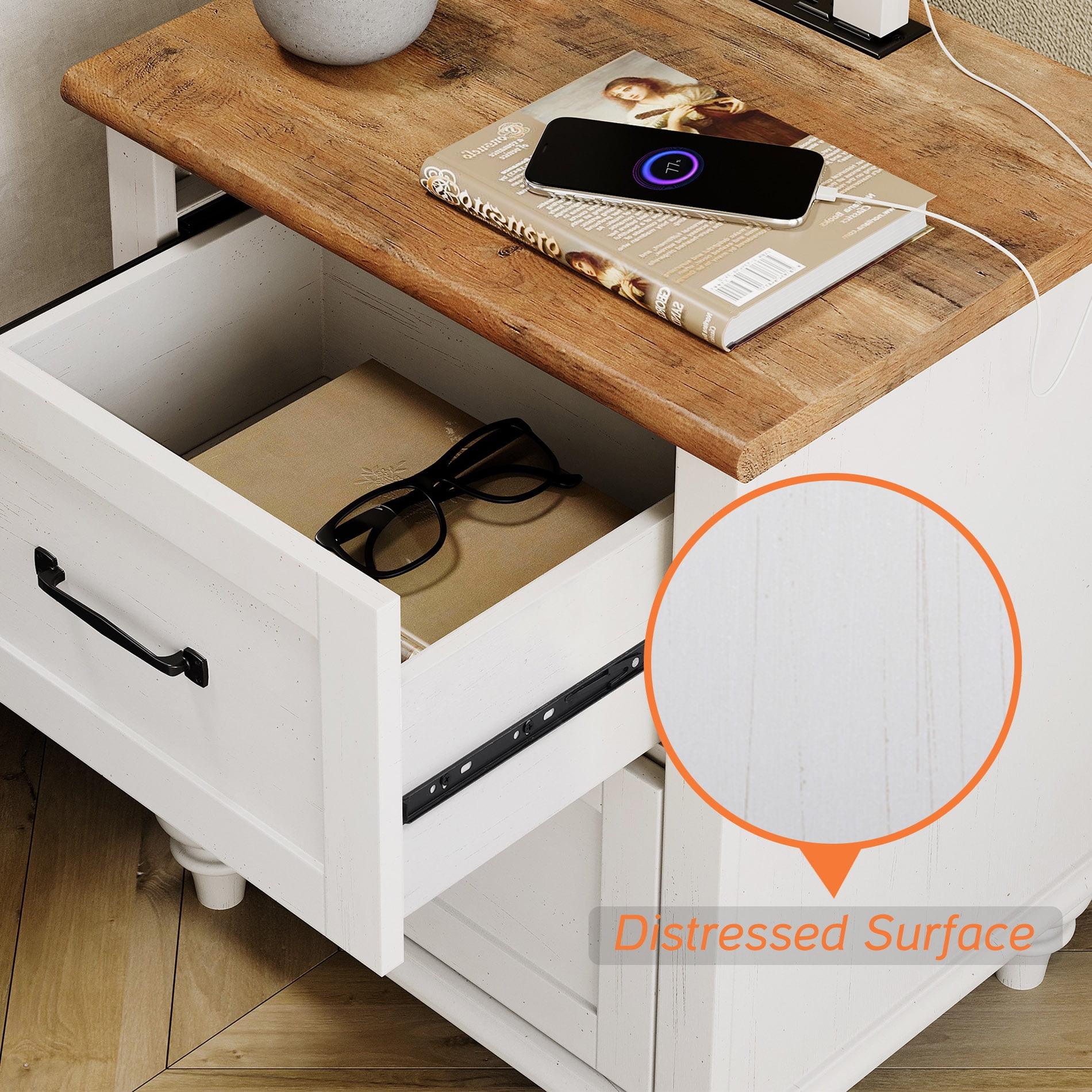 Nightstand Set of 2 with Charging Station Farmhouse Wooden End Table Sofa Side Table  with 2 Drawers for Bedroom Living Room, White/ Oak