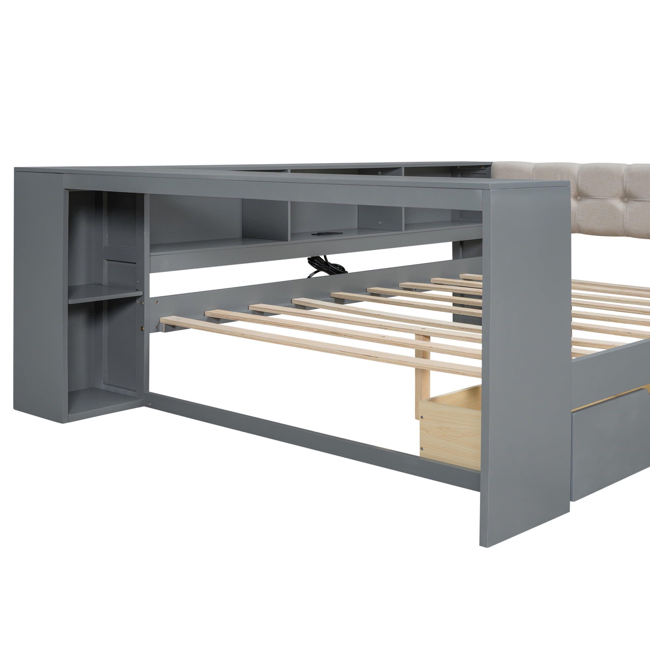 Noble House Udolf Full Platform Bed with Upholstered Headboard, Storage Shelves and Drawers, Charging Station, Gray