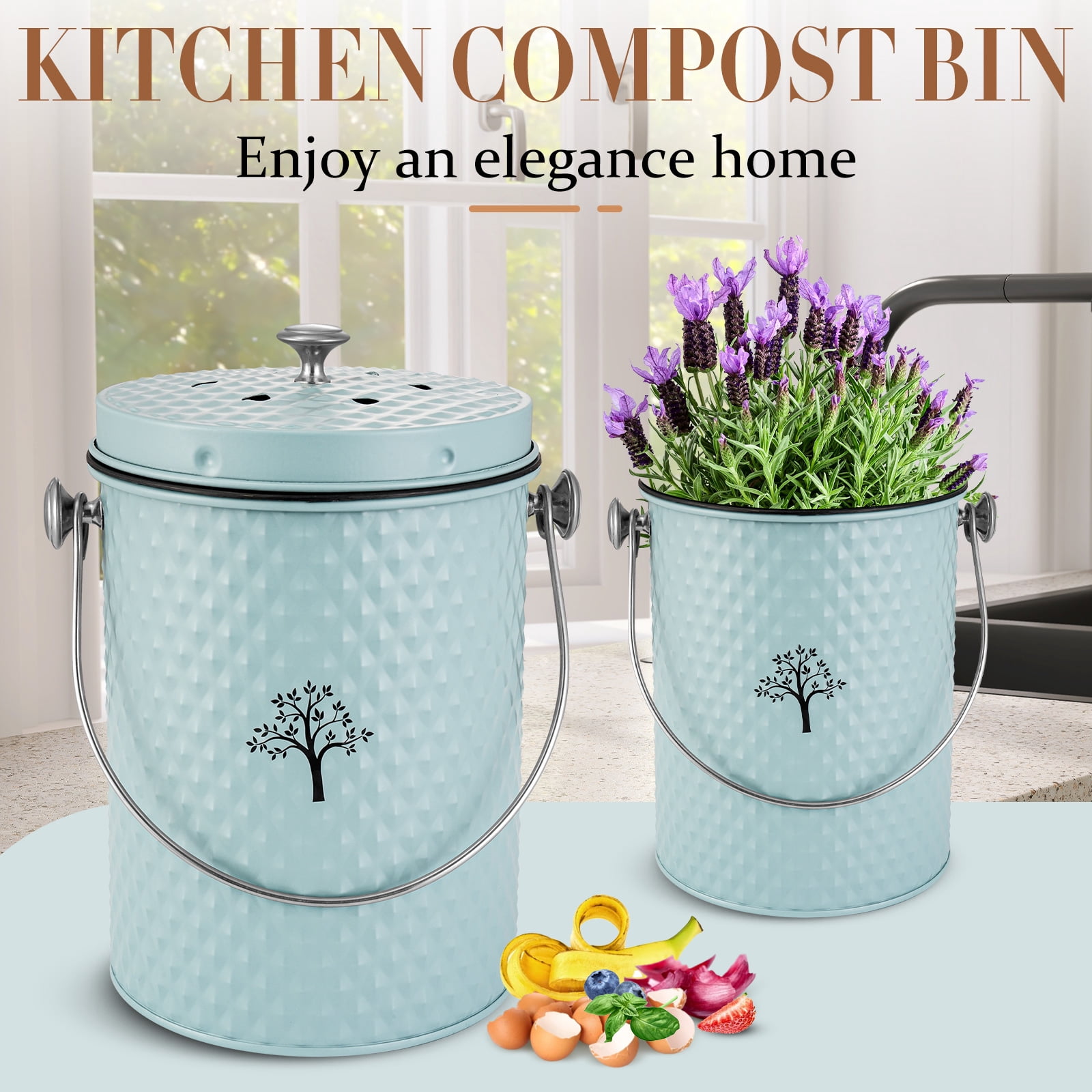 Countertop Compost Bin Kitchen,Odor Resistant Indoor Compost Bin with Lid and Compost Bags,Compost Bucket Composter Container for Food Waste,Blue