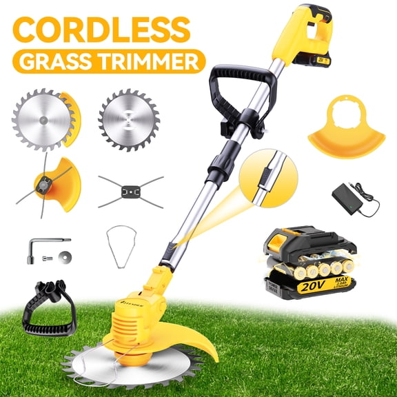 Portable Household Cordless Grass Trimmer, Yard Weeder with 4 Blades & Large Capacity Lithium Battery, High Power Motor, Bonus Accessories, for Lawn Garden Yard, Holiday Gift for Men