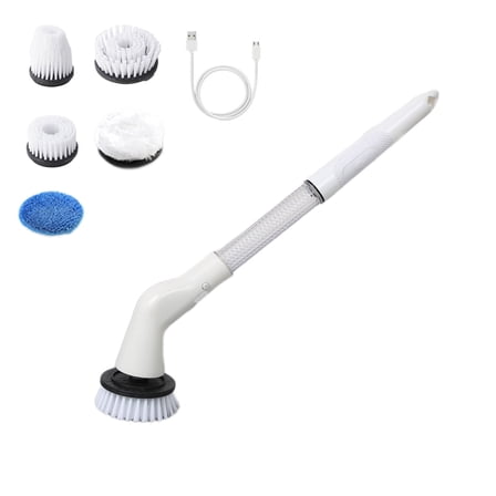 Electric Scrubber Brush - Cordless Power Cleaning Brush with 5 Replaceable Heads | Adjustable Extension Handle | IPX7 Waterproof | for Bathroom, Tile, Floor, Grout | White | Stainless Steel Shaft