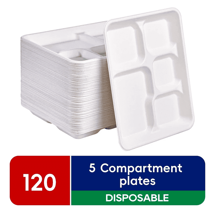 JOLLY CHEF Leak Resistant Disposable 5 Compartment Paper plates, 10*8 inch, 120 Pack,Perfect for Boys and Girls