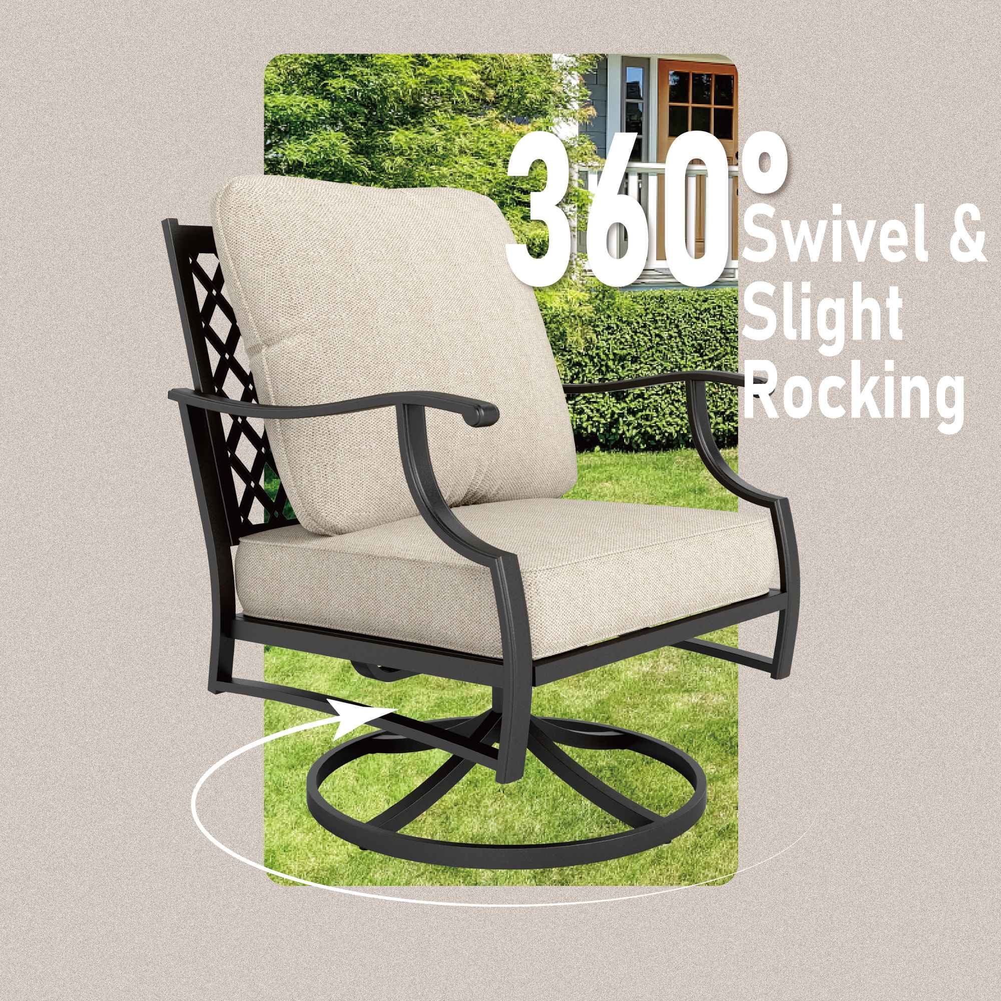 MF Studio 7-Seater Patio Conversation Set Metal Outdoor Furniture Set with Swivel Chairs and Ottomans - Beige