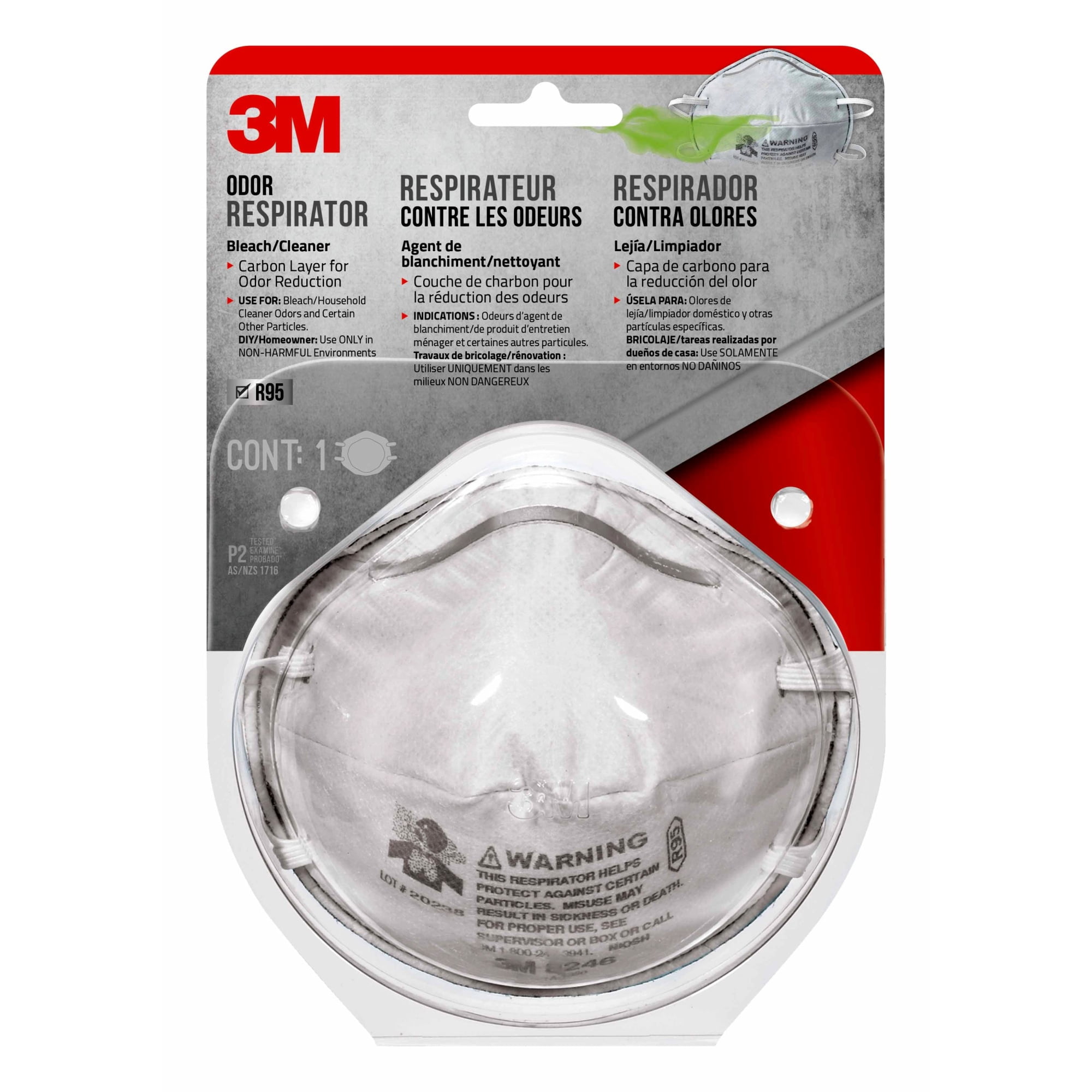 3M 8246 Household Cleanser Odor Respirator, R95 Non-Valved, Disposable, 1-Pack, White