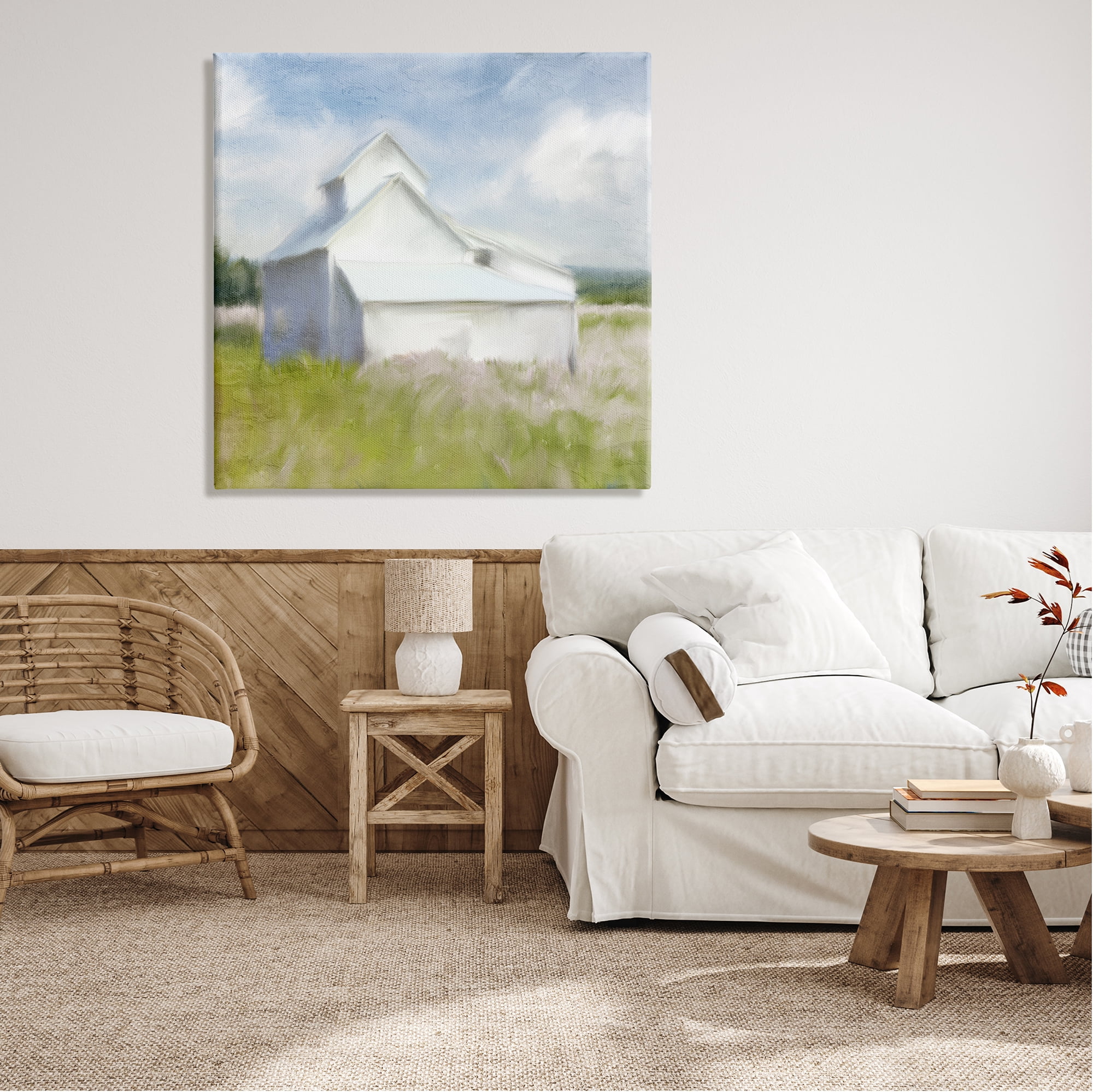 Stupell Industries Beautiful White Farmhouse Cottage Countryside Grassland Farmhouse Painting Gallery-Wrapped Canvas Print Wall Art, 36 x 36, Design by Kim Allen