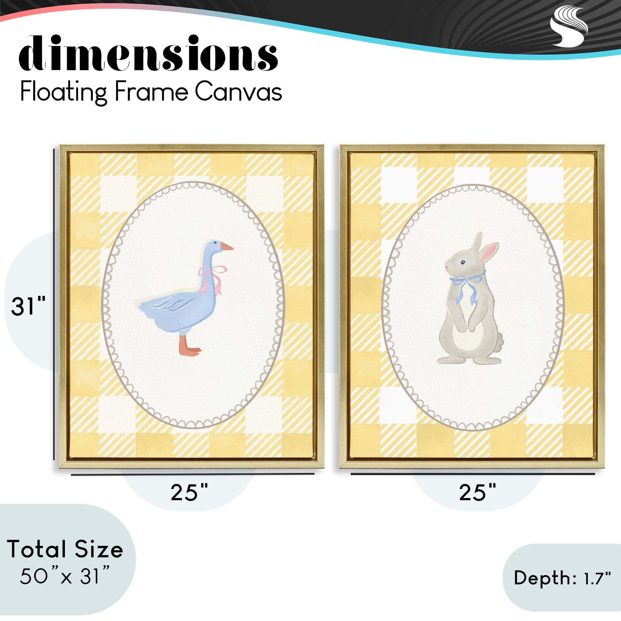 Stupell Industries Goose & Bunny Yellow Gingham 2 Piece Gold Framed Floater Canvas Set, design by The Paper Curator