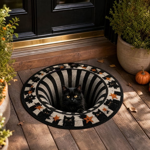 Halloween 3D Optical Illusion Round Area Rug, Plush Black Cat 3D Vortex Illusion Circular Mat with Spooky Depth Design Crystal Velvet Soft & Durable Fabric Non-slip