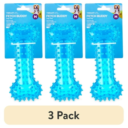 (3 pack) Vibrant Life Fetch Buddy Spiky Blue Bone Dog Toy, Chew Level 3