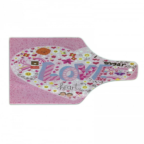 Love Cutting Board, I Love You Sugar Giant Heart with Big Letters Spelling Love Smiles Flowers, Decorative Tempered Glass Cutting and Serving Board, Wine Bottle Shape, Pink Multicolor, by Ambesonne