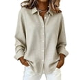 thumbnail image 2 of DORKASM Womens Linen Tops V Neck Lightweight Business Shirts Long Sleeve Button Down Plaid Fall Soft Tops 2026 Flowy Shirt Beige 2XL, 2 of 5