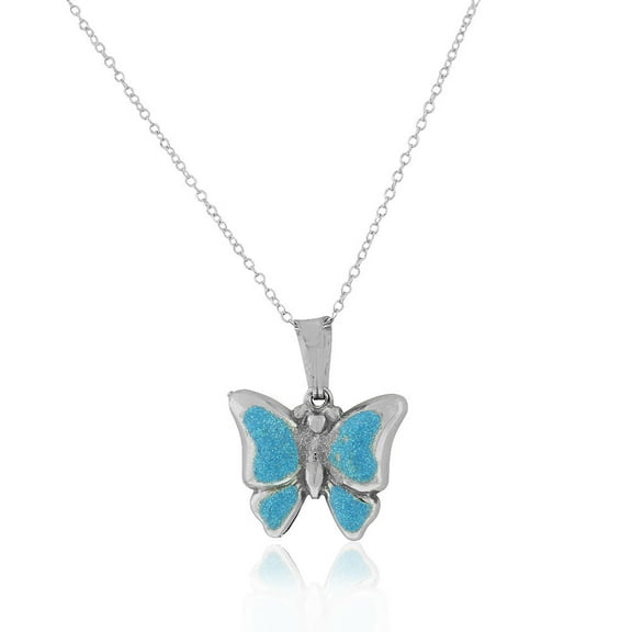 925 Sterling Silver 3D Enamel Glitter Butterfly Charm Pendant Necklace, 18"