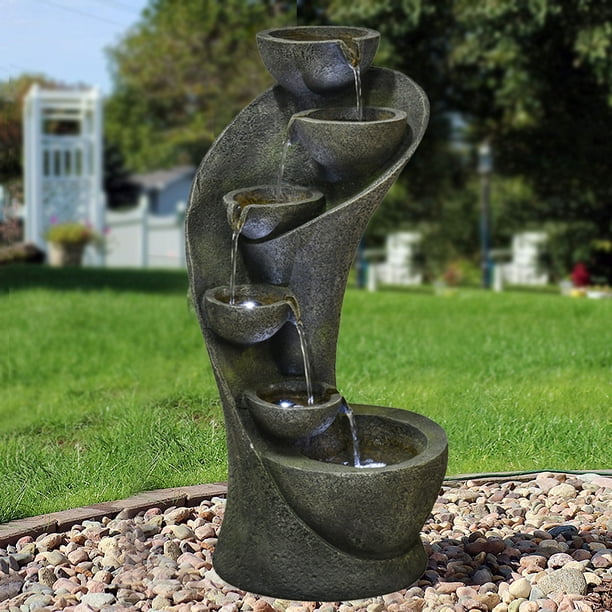 Cascading Modern Outdoor Water Fountain with LED Lights 23.6in