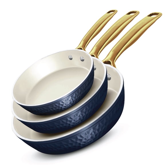 Gotham Steel Nonstick Fry Pan Set, Pro Hammered Ceramic Coating, 3-Piece, 8/10/12 Inch, Navy & Gold
