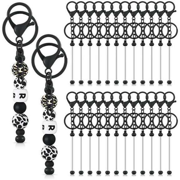 24 Pcs Beadable Keychain Bars Bulk for Beads DIY Blank Metal Beaded Bead Crafts Black
