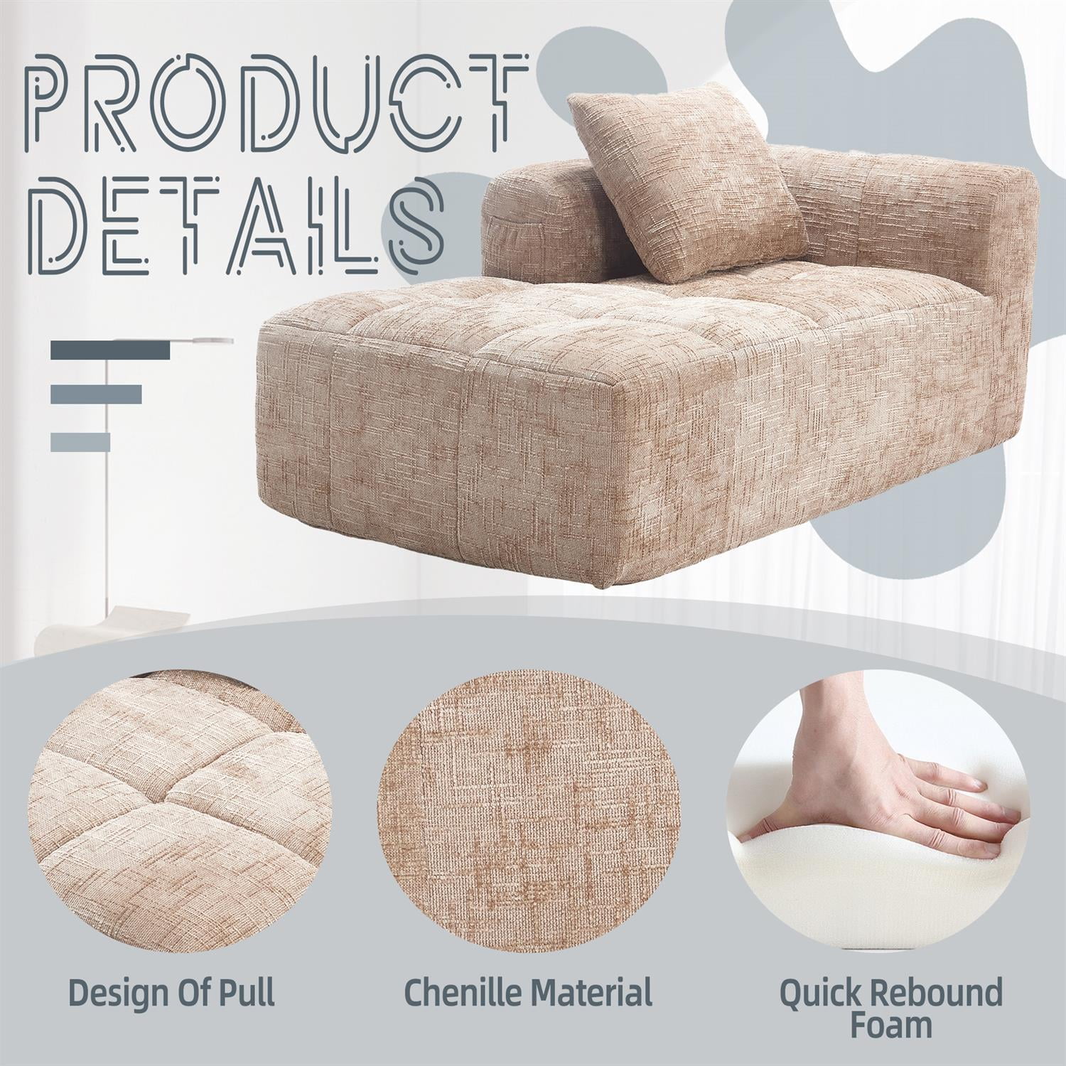 Demi Bonn 62" Plush Chenille Loveseat Sofa, Modular Sleeper for Living Room, Bedroom, Apartment Lounge, Stylish & Comfortable Couch, Beige