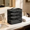 thumbnail image 4 of Triple Layers Cosmetic Travel Bag, Large Capacity Mesh Makeup Organizer, Water-Resistant Toiletry Case, Black, 4 of 5
