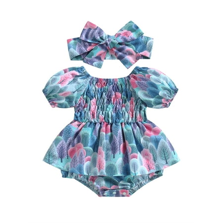 

Baby Girl Smocked Romper Dress Floral Short Puff Sleeve Off Shoulder Ruched Jumpsuit Bodysuit with Headband (Jungle Leaf 0-3 Months)