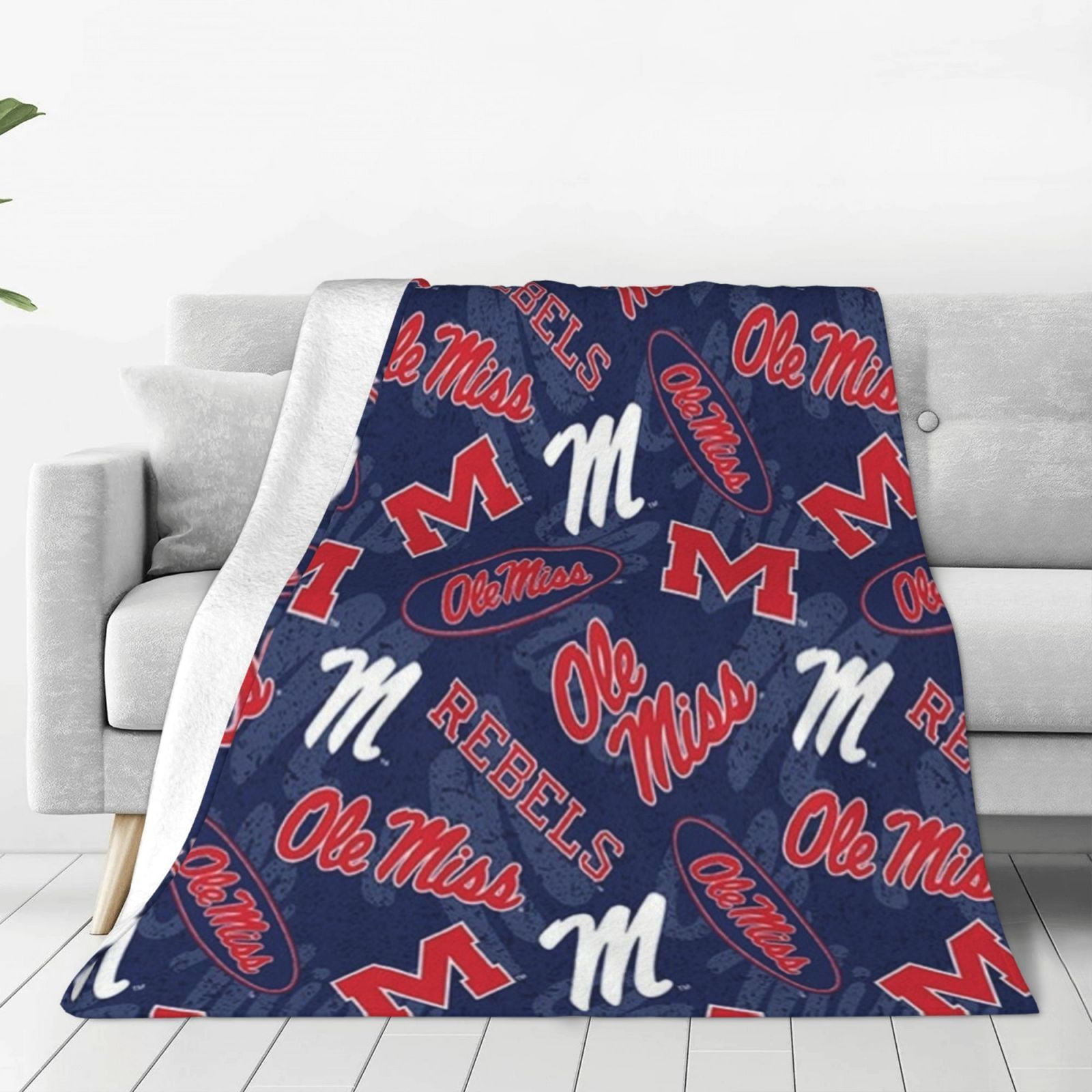 Ole Miss Rebel Flannel Fleece Blanket Soft Warm & Cozy for Sofa Bed Office Car All-Season Gift Vintage Style Digital Print KnittedNavy Blue with Bold Red & White Lettering