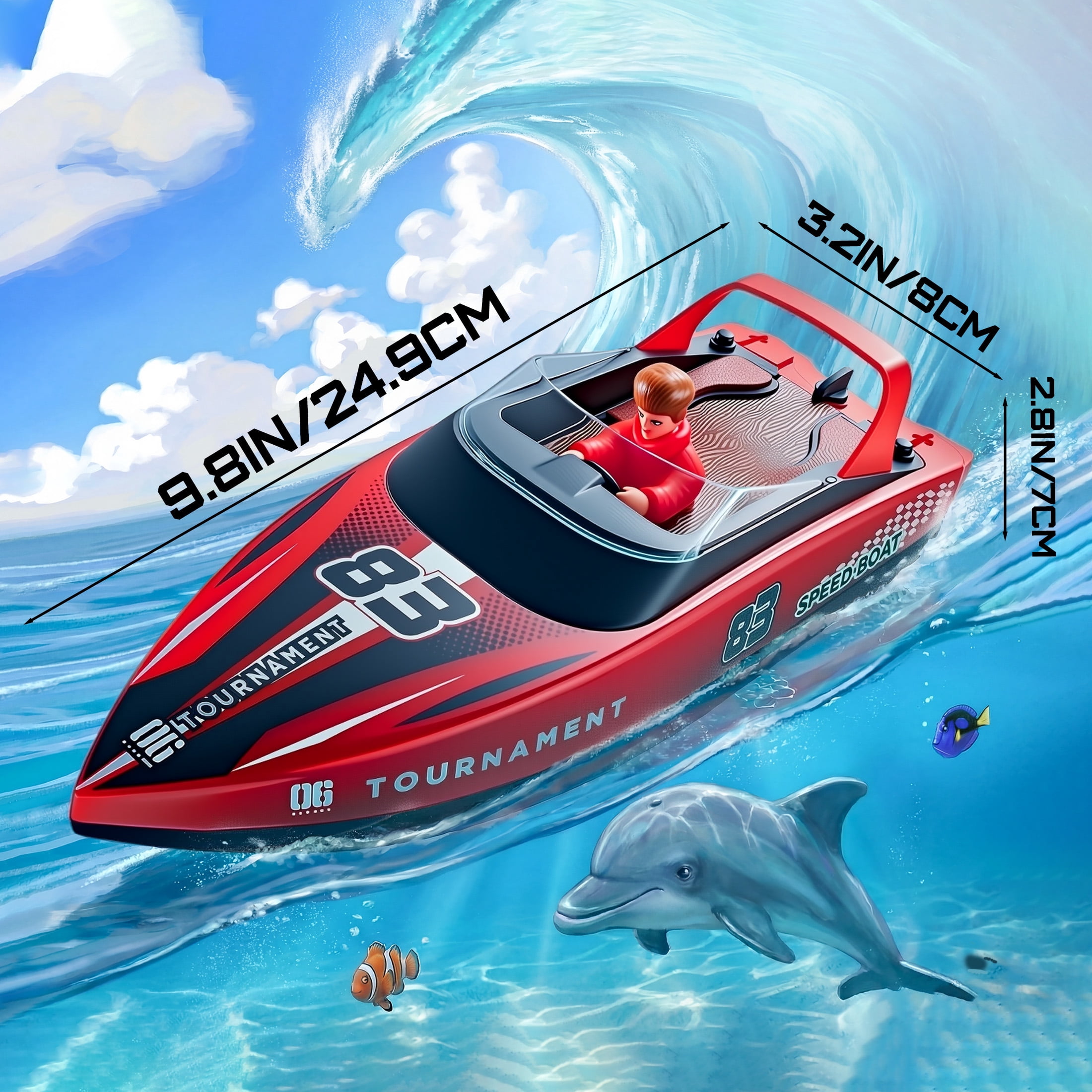 10" Remote Control Boat for Kids, 2-Pack RC Boats with LED Lights & Low Battery Warning, Summer Outdoor Water Toys for Boys Girls Ages 3-12