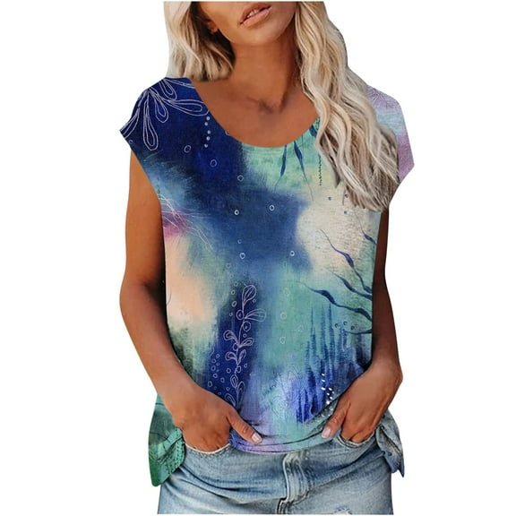 Dyegold Summer Tops for Women 2023 Trendy, Loose Summer Tops for Women 2023 Trendy Beach Tide Print T-Shirts Cap Sleeve Round Neck Blouses Dressy Casual Tops