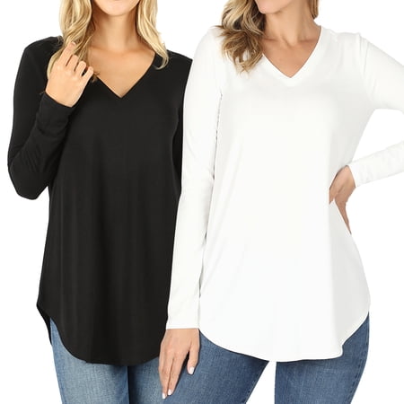 Women & Plus(S-3X) Relaxed Fit Long Sleeve V-Neck Round Hem Jersey Tee Shirt Top (Single & Multi-Packs Available) price history on PriceWatchPro