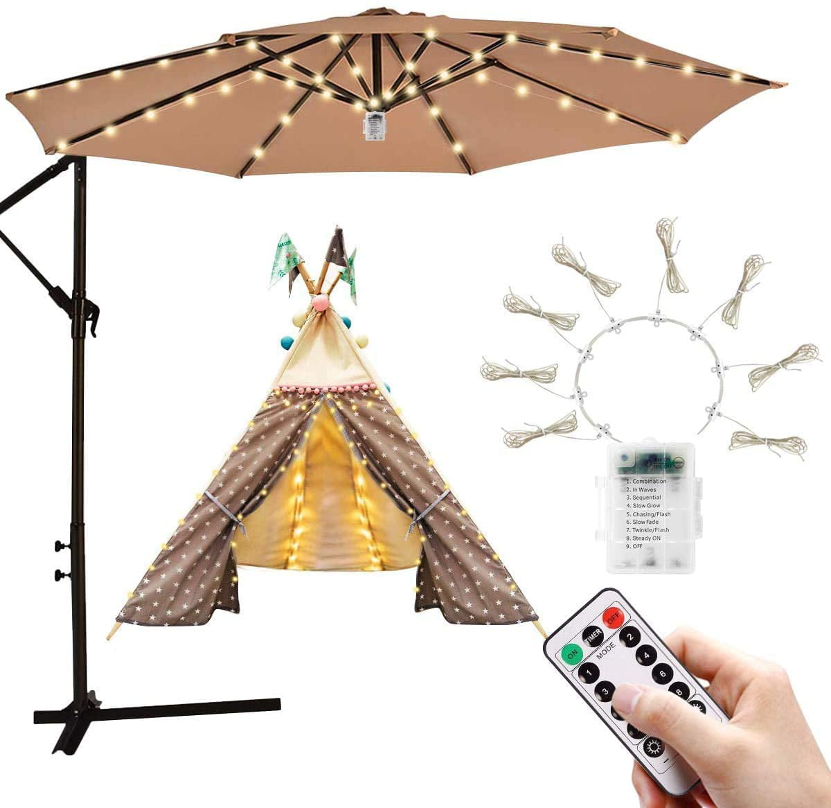 4.3ft LED Solar Powered Patio Umbrella String Light Fit 8-Rib Outdoor Umbrella 
