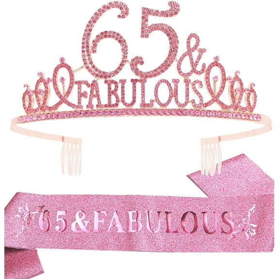 EBE EmmasbyEmma 65th Birthday Sash and Tiara for Women - Fabulous Glitter Sash   Fabulous Rhinestone Pink Premium Metal Tiara for Her, 65th Birthday Gifts for 65 Party