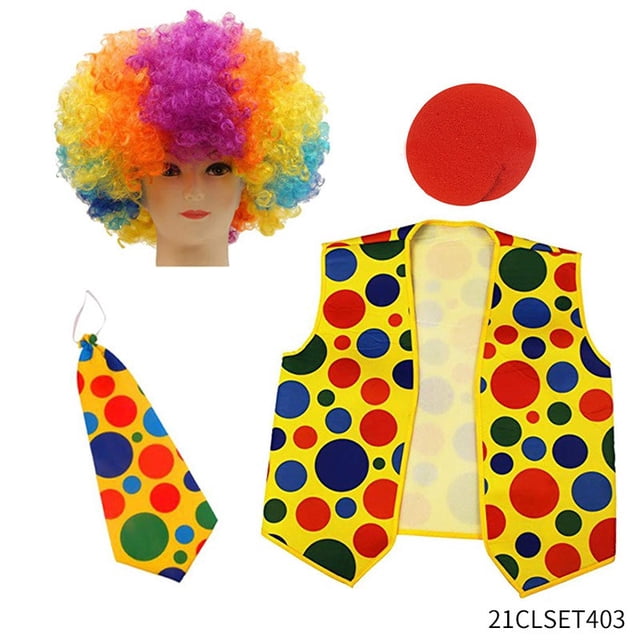 Paquete de 4 disfraces de payaso, peluca de payaso arcoíris + nariz de payaso + chaleco de payaso para Halloween, fiestas de cosplay, carnavales, disfraces, juegos de rol, favores de rendimi