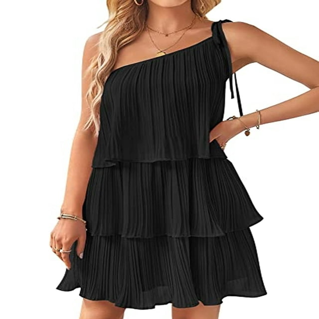 OUSITAID Femmes Été une Épaule Robe Sans Manches Volants Couches Plissée Mini Robe une Ligne Ourlet Fluide Robe de Plage