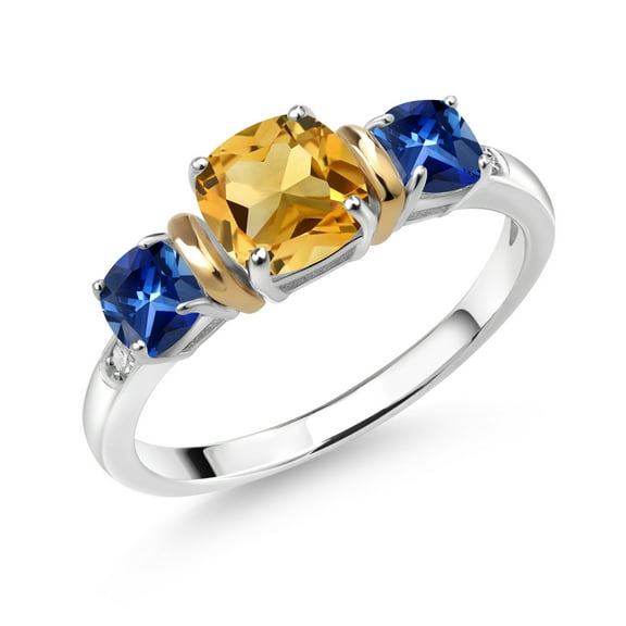 Gem Stone King 1.64 Cttw Yellow Citrine Blue Created Sapphire and Diamond 3-Stone Ring for Women | 925 Silver and 10K Yellow Gold | Gemstone Birthstone | Available in Size 5, 6, 7, 8, 9 | Size 7