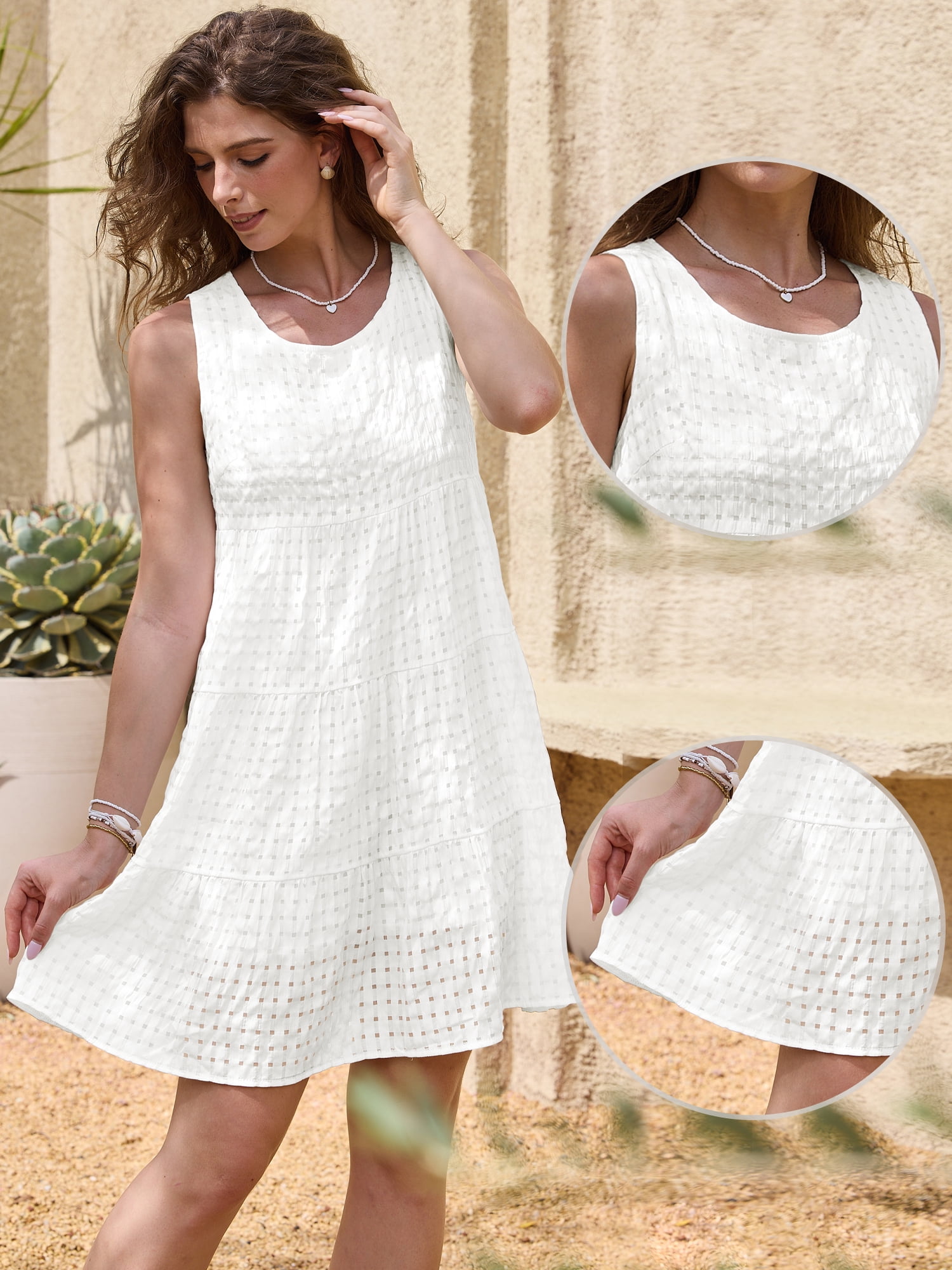 DARING DIVA Women's Gingham Flowy Swing Plaid Tiered Short Dresses S White