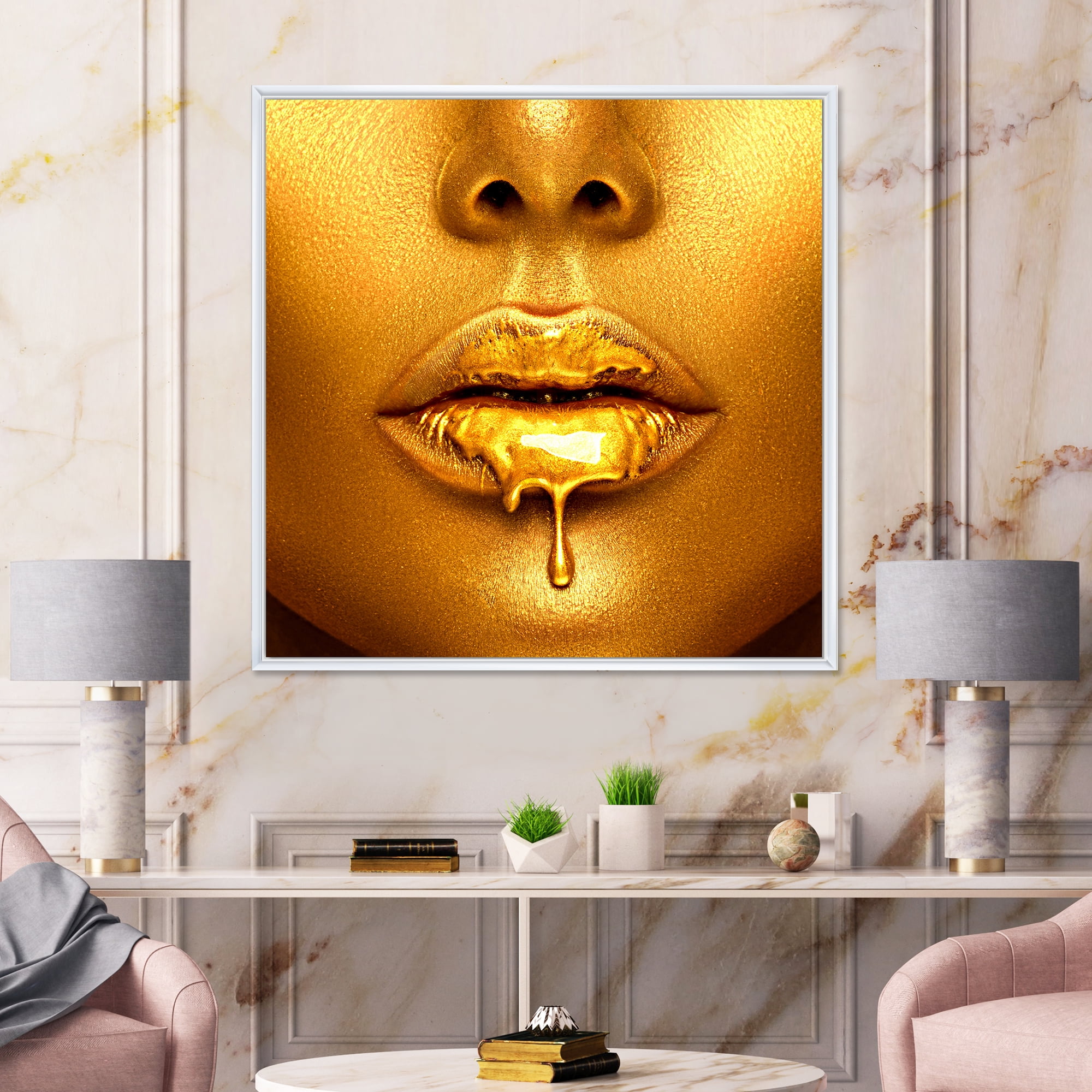 Designart 'Gold Paint Drips From Sexy Girl Lips' Modern Framed Canvas Wall Art Print
