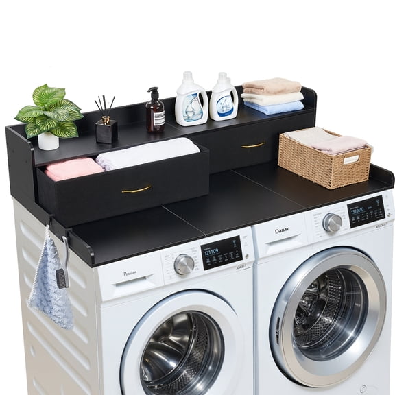 VEVOR Washer Dryer Countertop with Shelf, 54 x 27.5 in Wooden Washer and Dryer Topper with 2 Drawers & 2 Hooks, Laundry Machine Topper for Laundry Closet Pantry Counter Organization and Storage,Black