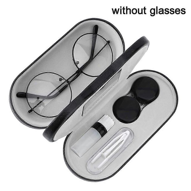 Estuche doble para gafas, estuche para lentes de contacto con espejo y pinzas, 2 en 1, portátil, de doble cara, color negro