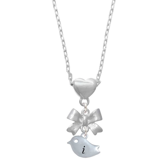 Delight Jewelry Silvertone Little Bird Initial - I - Silver tone Bow Heart Necklace