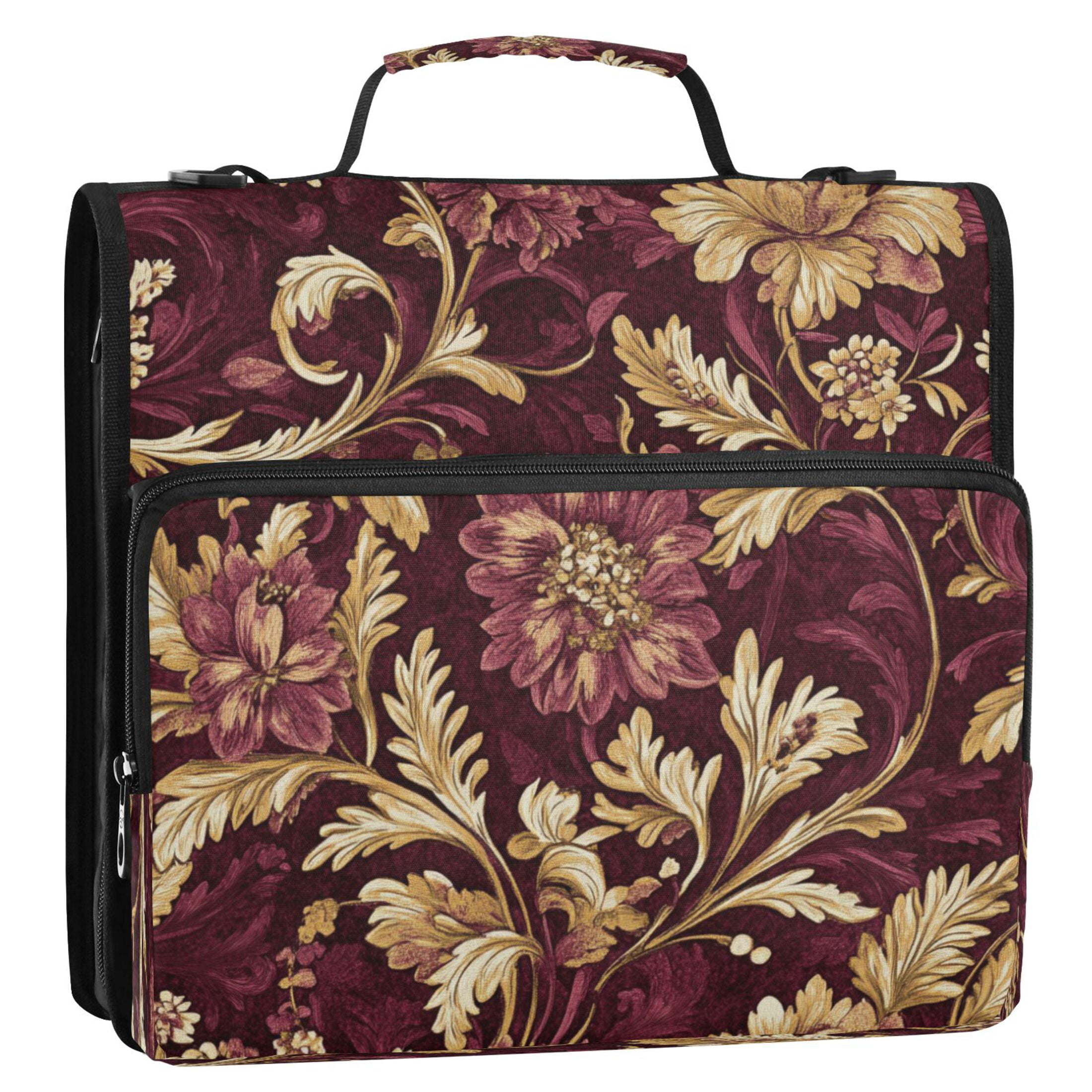 YAZAOO Zipper Binder trapper keeper Documents Organized Design Red Floral Gold Filigree Printed