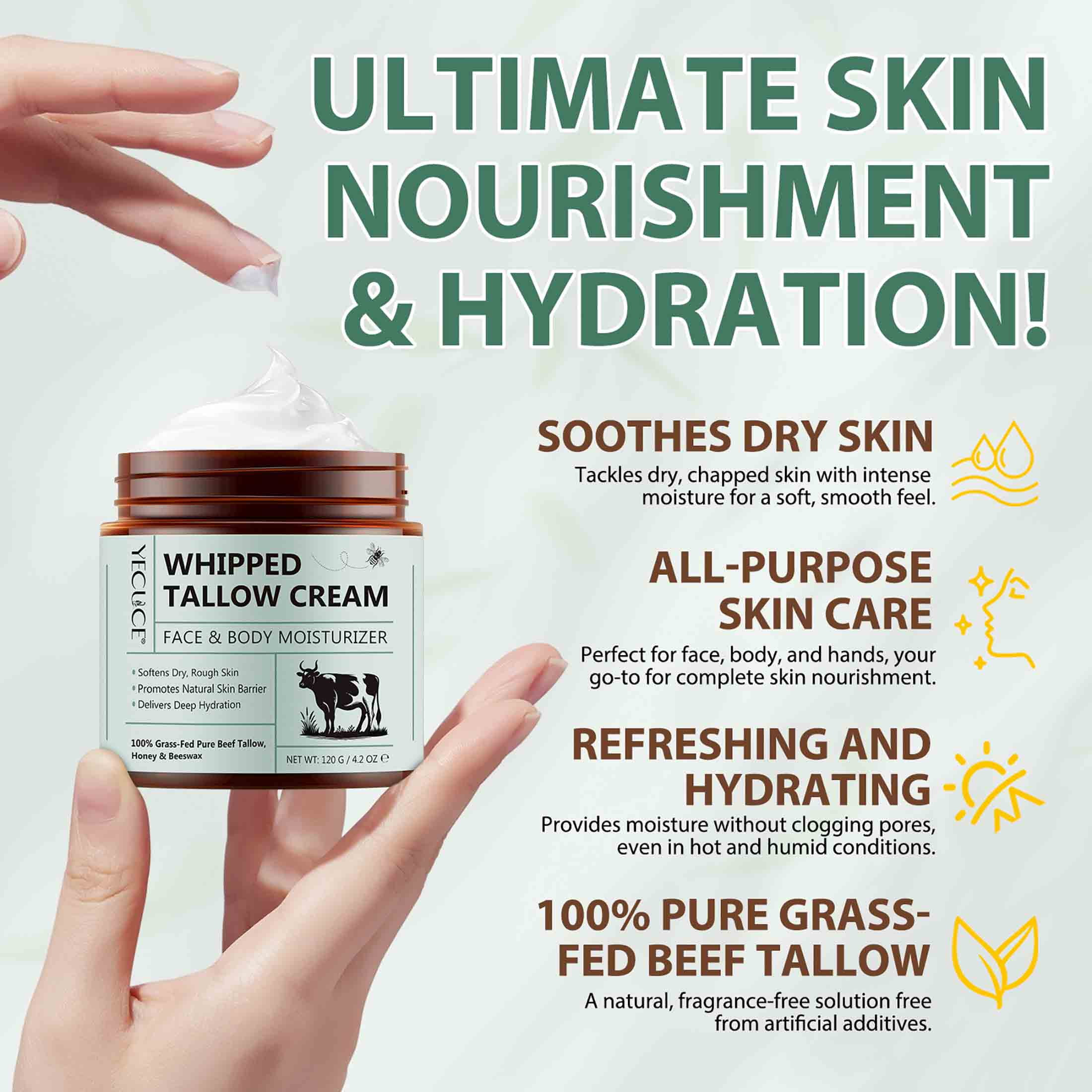 3 Pack Whipped Tallow Balm for Skin Care, Delivers Deep Hydration, Natural, for Sensitive Skin