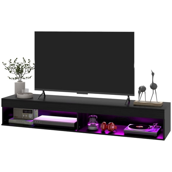 Modern Floating TV Stand with LED Lights & Storage - 75" TV Media Console for Living Room - Black MDF Wall Mount Shelf
