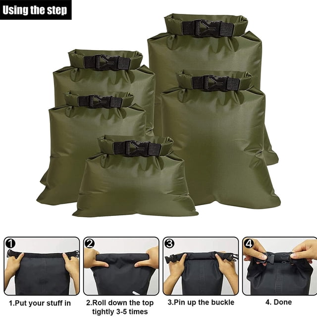 Lot de 5 Sacs Secs Imperméables pour Kayak Dérive Rafting Moto Radeaux Canoë Sac Pliable Portable Randonnée Natation Voyage Sac Vert Armée