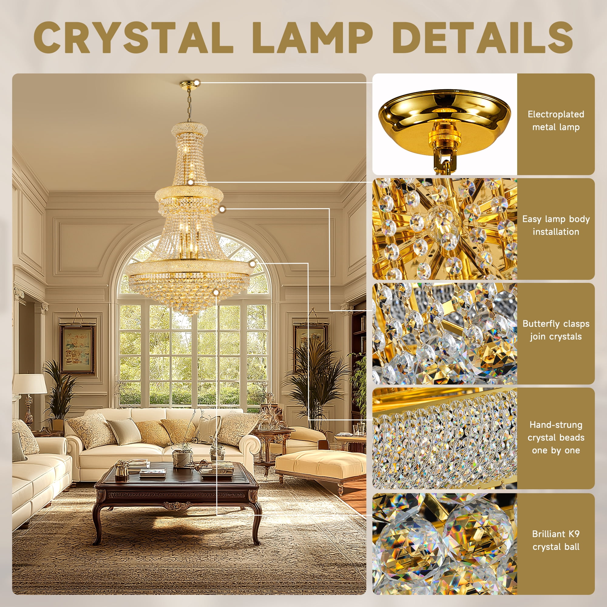 32-Inch Gold Crystal Chandelier, 27-Light French Empire Ceiling Light with LED Bulbs, Adjustable 59-Inch Chain, 3000K Warm Light, Ideal for Living Room, Dining Room, and Foyer