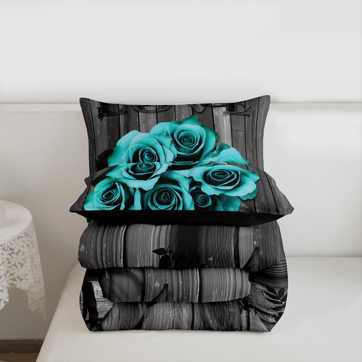 Turquoise Grey Bedding Set Teal Rose Flowers Comforter Set Full Men Women Valentine'S Day Wedding Comforter Gifts For Couple Lover,Country Rose Floral Quilt Duvet Insert 2 Pillow Cases