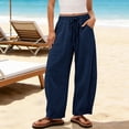 thumbnail image 2 of Hurxie Wide Leg Linen Pants for Women Drawstring Waist Lightweight Summer Pants with Pocket Baggy Cotton Linen Palazzo Pants Navy,L, 2 of 6