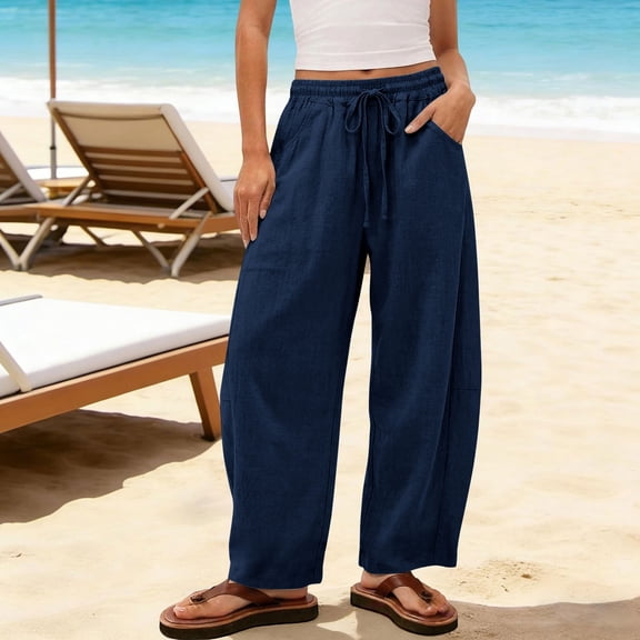 TaTaai Women's 100% Cotton Summer Palazzo Pants Flowy Wide Leg Beach Slacks Trousers with Pockets Plus Size Wide Leg Sweatpants