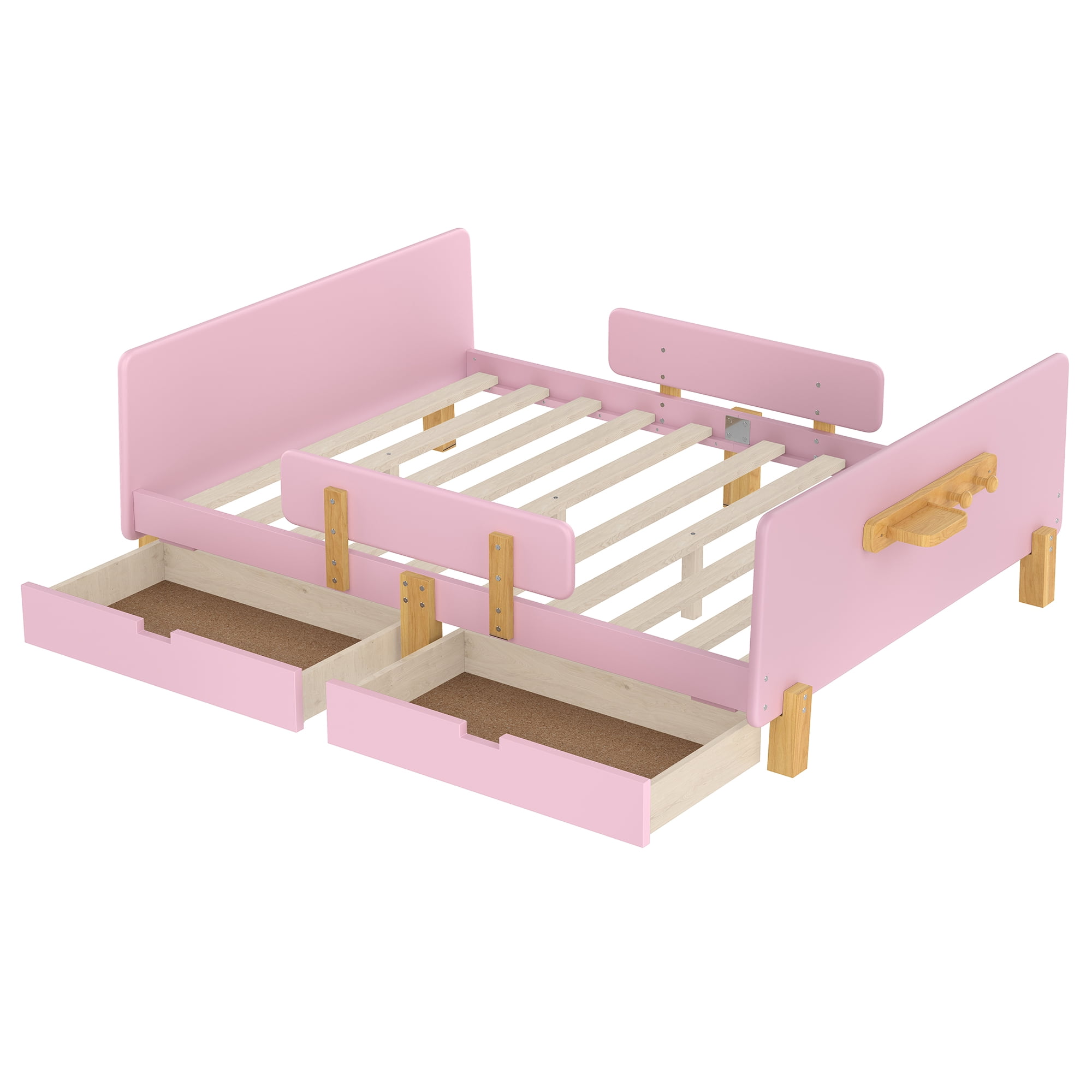 Miniyam Full Bed with Storage Drawers, Guardrails, Footboard Shelf & Side Hooks for Kid, Pink