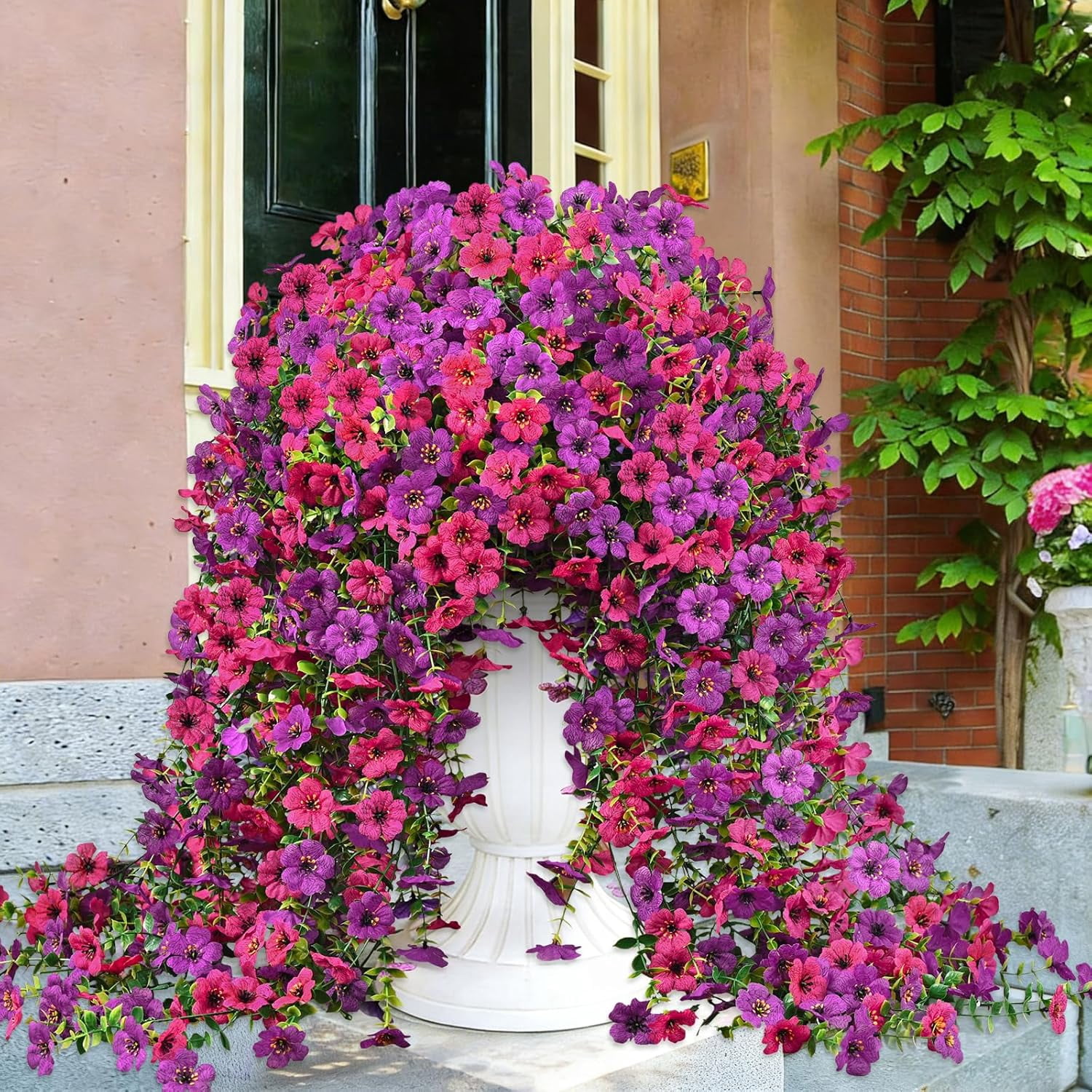 Waipfaru Artificial Hanging Flowers for Outdoors Spring Summer Decoration,2 Pcs UV Resistant Faux Silk Violet Fake Flowers for Garden Porch Window Home Decor(Purple&Rose Red)