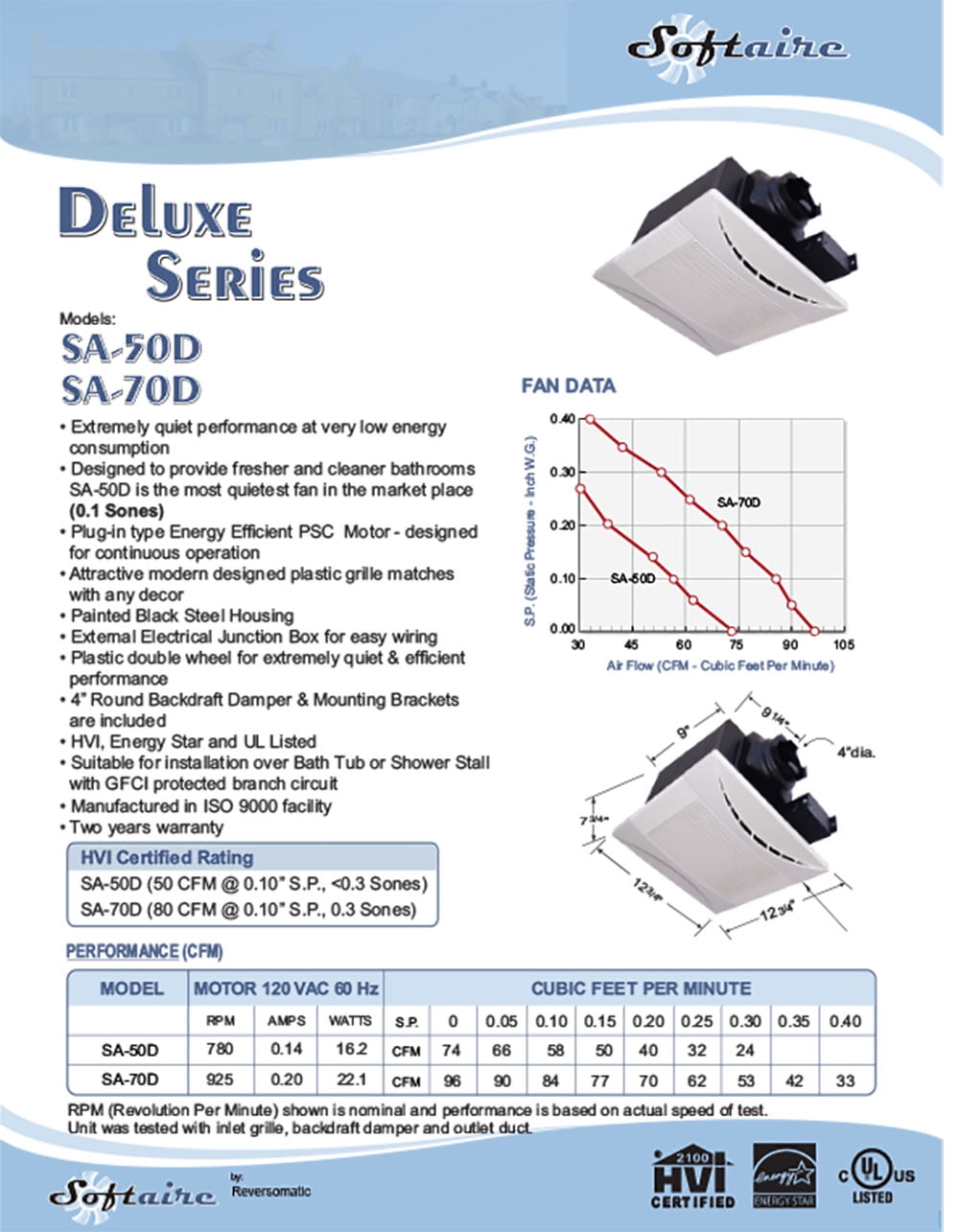 Reversomatic Softaire SA70DM Extremely Quiet Ventilation Exhaust Fan