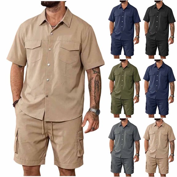Men's 100% Cotton Work 2 Piece Outfit Set, Short Sleeve Snap Button Shirt with Double Pockets & Drawstring Cargo Shorts with Multi Pockets, Casual Outdoor Workwear Khaki