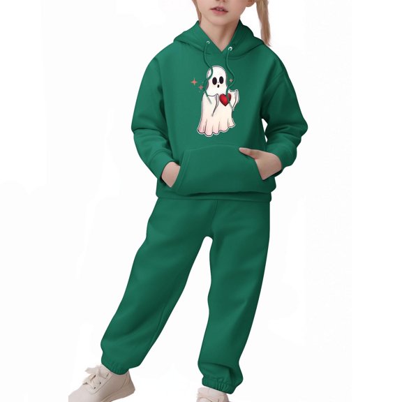 SERTG Children's Halloween Two-Piece Set Hooded Sweatshirt with Cute Printed Casual Long Pants Long Sleeved Set Tops and Pants for Kids 2-13 Years(Army Green,2 Years)