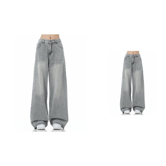 Womens Mid/Low Waisted Straight Leg Distressed Jeans Stretchy Baggy Casual Denim Pants for Spring Summer Fall Daily Wear