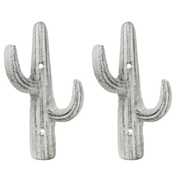 Pack of 2 Rustic Western Off White Metal Desert Saguaro Cactus 2-Pegs Wall Hooks